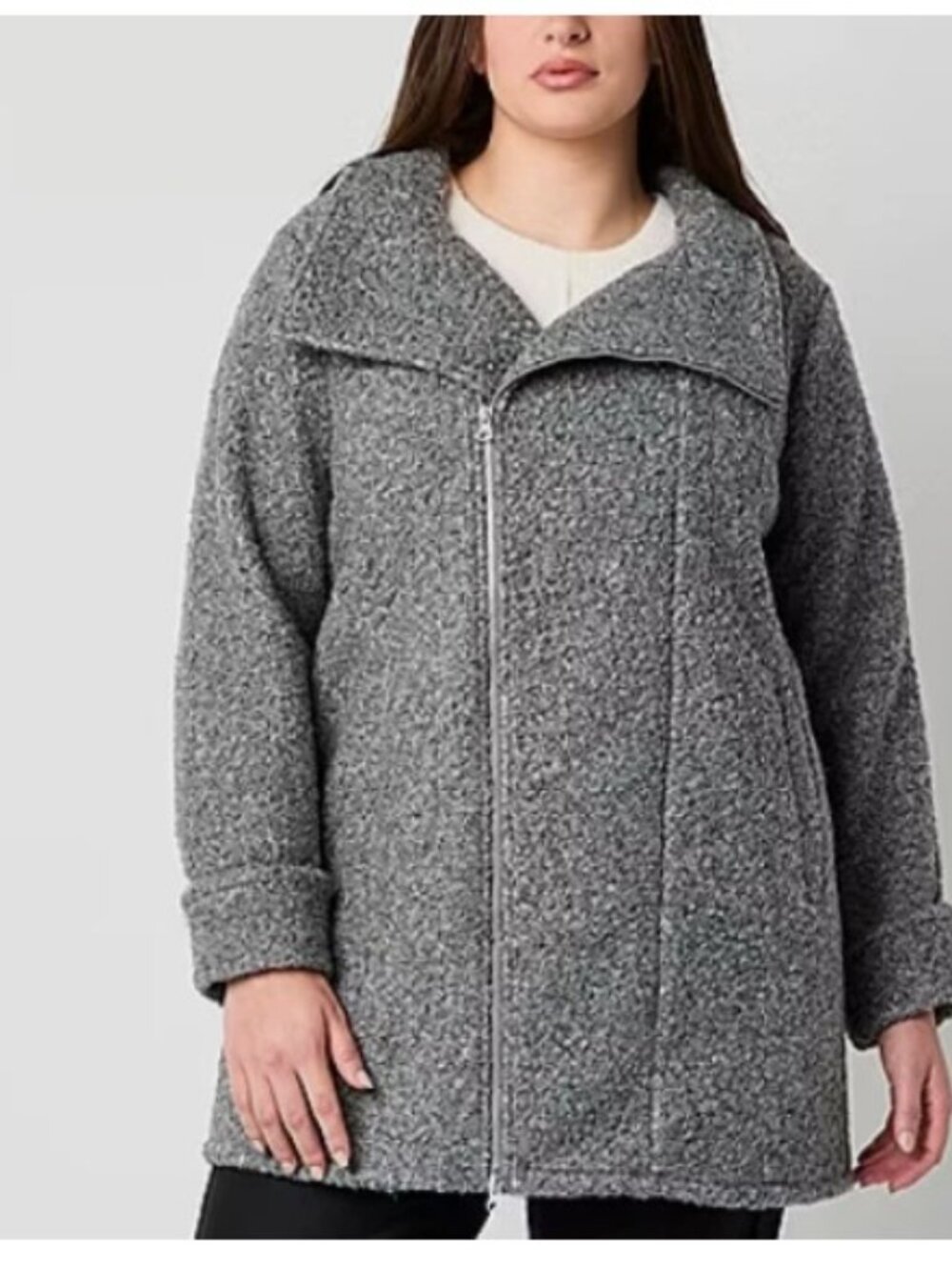 NWT STYLUS Gray Mid Weight Boucle Funnel Neck Zipper Jacket Medium